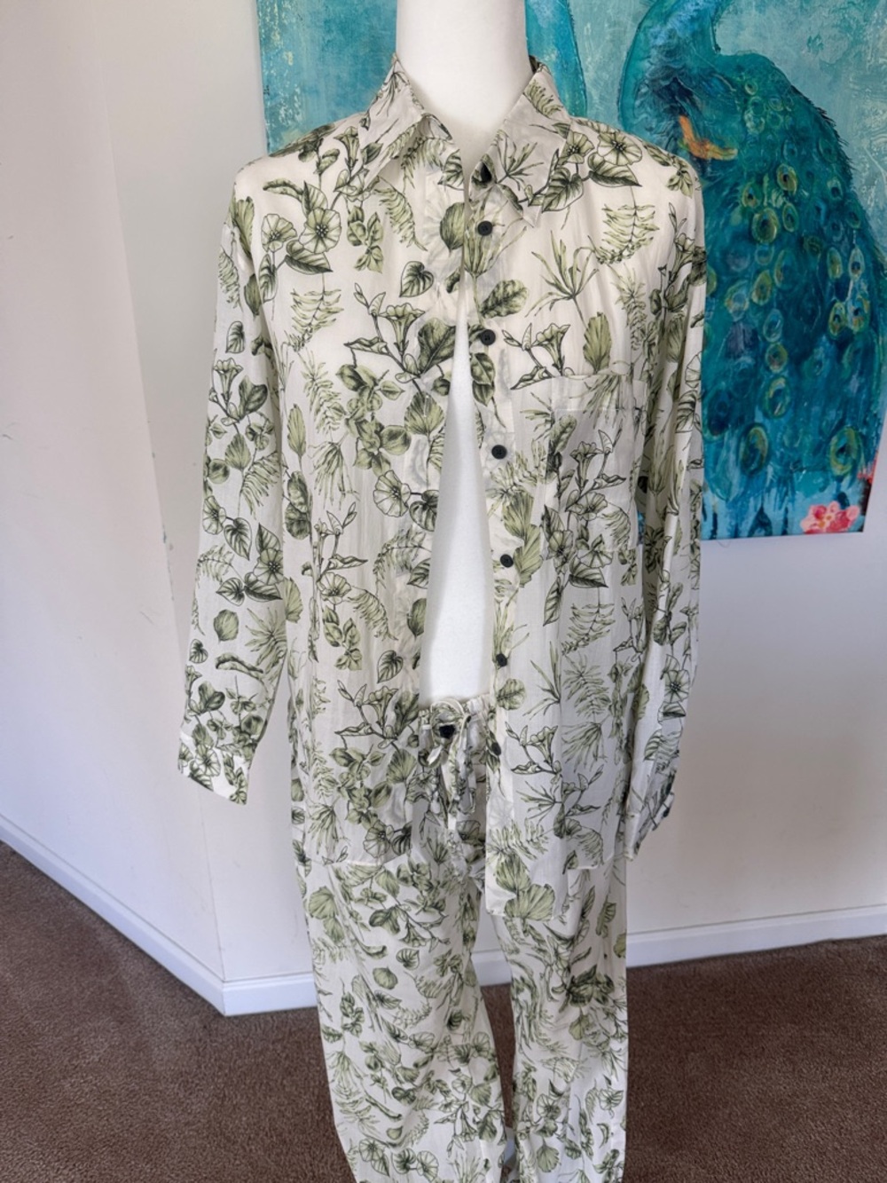 Zara Botanical Print Button-Up Set in Leaf Green on Cream